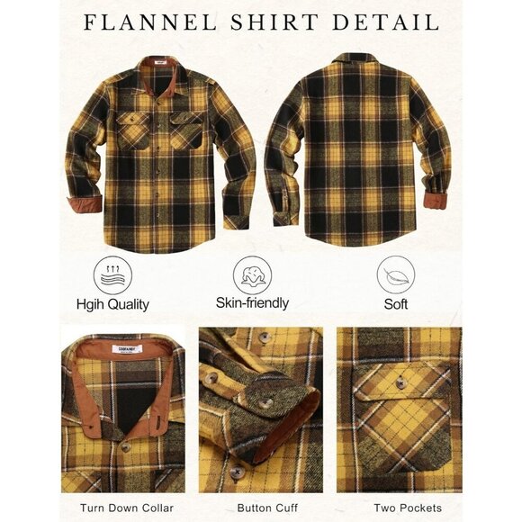 Coofandy Men Black Yellow Flannel Plaid Button Down Jacket Shirt with Pockets - Picture 5 of 5